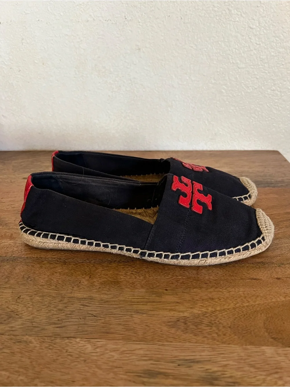 Tory Burch Weston Flat Espadrille Navy & Red Canvas Calf Logo Shoes, Size 10